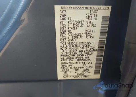 2008 Nissan Quest 3.5 Se z USA, uszkodzony, nr VIN 5N1BV28U28N104321